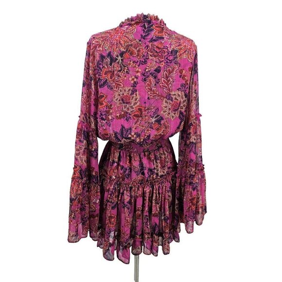 New Misa Leeva Mini Dress Womens S Fuchsia Batik Pink Sheer Chiffon Bell Sleeves - Picture 4 of 9